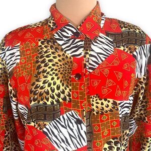 Vintage 80s Shirt Red Button Up Leopard Animal Zebra Print Abstract Art Medium